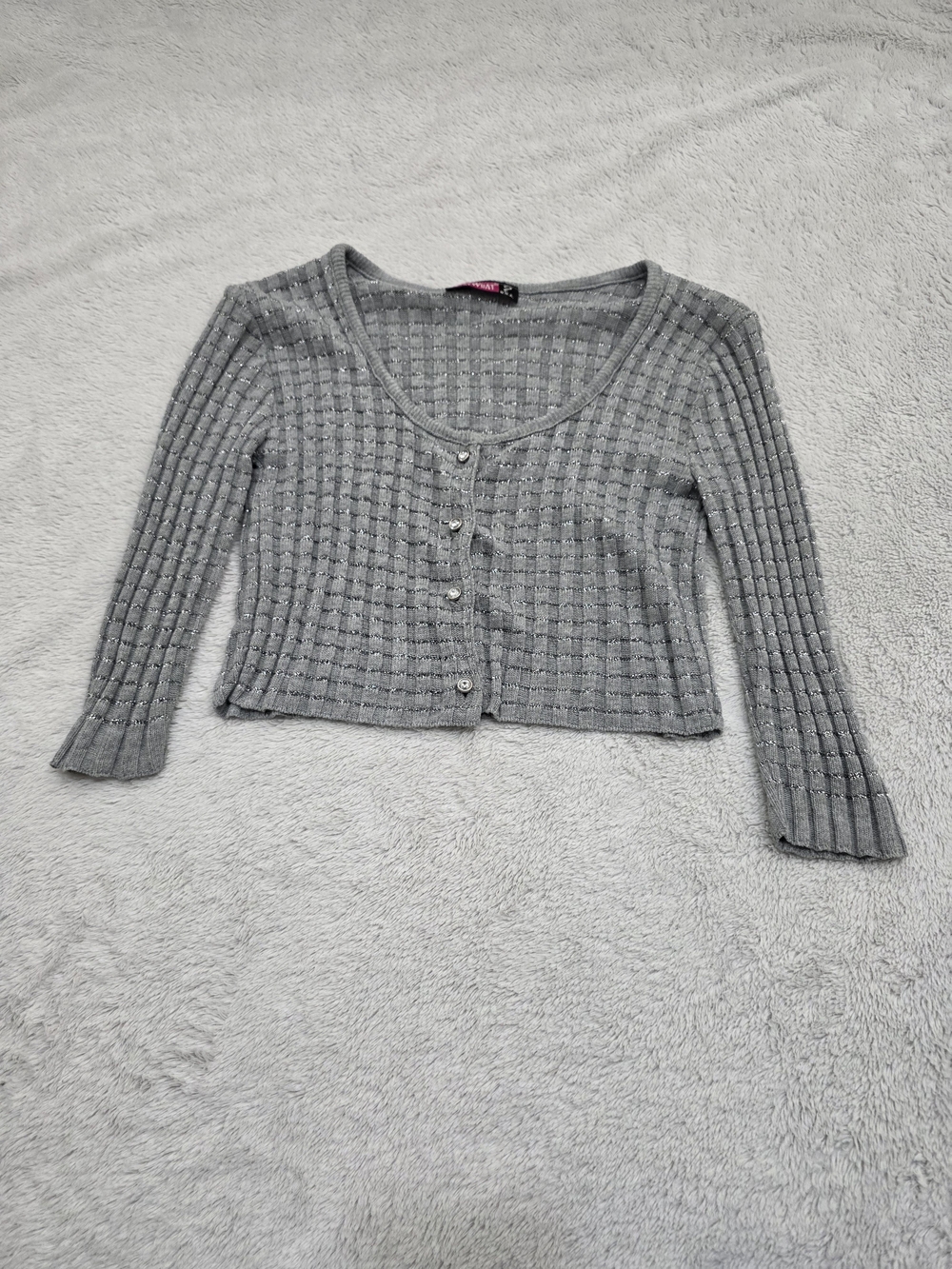 Say What? Silver-Gray Cropped Ribbed Button Cardigan